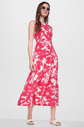 JEWEL NECK PRINTED MIDI DRESS - Fruit Punch/Light City Khaki - 1