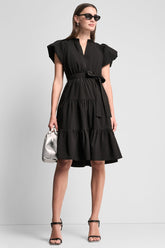 PUFF SLEEVE V-NECK FIT & FLARE DRESS - Black - 1