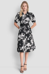 FLORAL PRINT MIDI SHIRT DRESS - Black/Ivory - 1