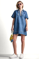 LACE UP DENIM SHIFT DRESS - Rustic Indigo - 1