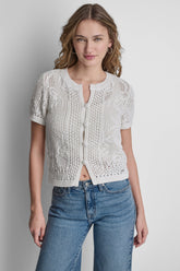 LACE STITCH BUTTON FRONT CARDIGAN - Ivory - 1