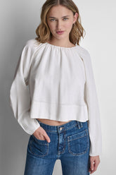 LINEN-BLEND RAGLAN SLEEVE BLOUSE - Ivory - 1
