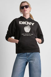 DKNY BIG APPLE RHINESTONE LOGO HOODIE - Black/Eggnog - 1