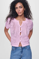 LACE STITCH BUTTON FRONT CARDIGAN - Pink Mist - 1