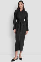 GARMENT DYE LONG SLEEVE BUTTON FRONT SHIRT DRESS - Black - 1