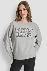DKNY JEANS CHAINSTITCH OUTLINE LOGO CREW NECK SWEATSHIRT - SKY GREY HEATHER/BLACK - 1