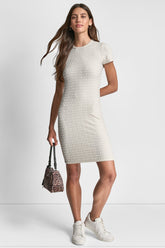 LOGO JACQUARD CREW NECK DRESS - Pebble - 1