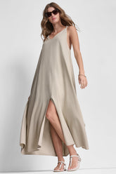 LINEN-BLEND TIE BACK MAXI DRESS - Pebble - 1