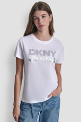 DKNY JEANS STACKED RHINESTONE TEE - White/Silver - 1