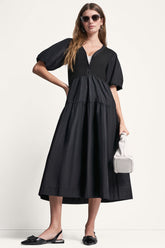 RIB HENLEY MIDI DRESS WITH PUFF SLEEVES - Black - 1