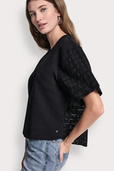 EYELET PUFF SLEEVE SHIRT - Black - 1
