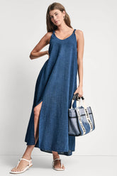 KNOTTED STRAP V-NECK MAXI DRESS - Indigo - 1