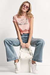 DKNY JEANS STACK LOGO RHINESTONE TEE - Peach Spritz/Silver - 1