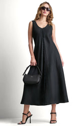 FRAYED LINEN MAXI DRESS - Black - 1