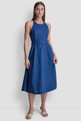 LINEN-BLEND BELTED MIDI DRESS - Admiral - 1