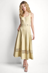 LINEN-BLEND LOOP LACE-TRIMMED PLEATED MIDI SKIRT - Mojave Desert - 1