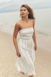 LINEN-BLEND STRAPLESS STRIPE DRESS - Broadway Stripe Frost Blue - 1