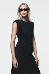 PINSTRIPE SLEEVELESS DRESS - Navy/Ivory - 4