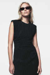 PINSTRIPE SLEEVELESS DRESS - Navy/Ivory - 2