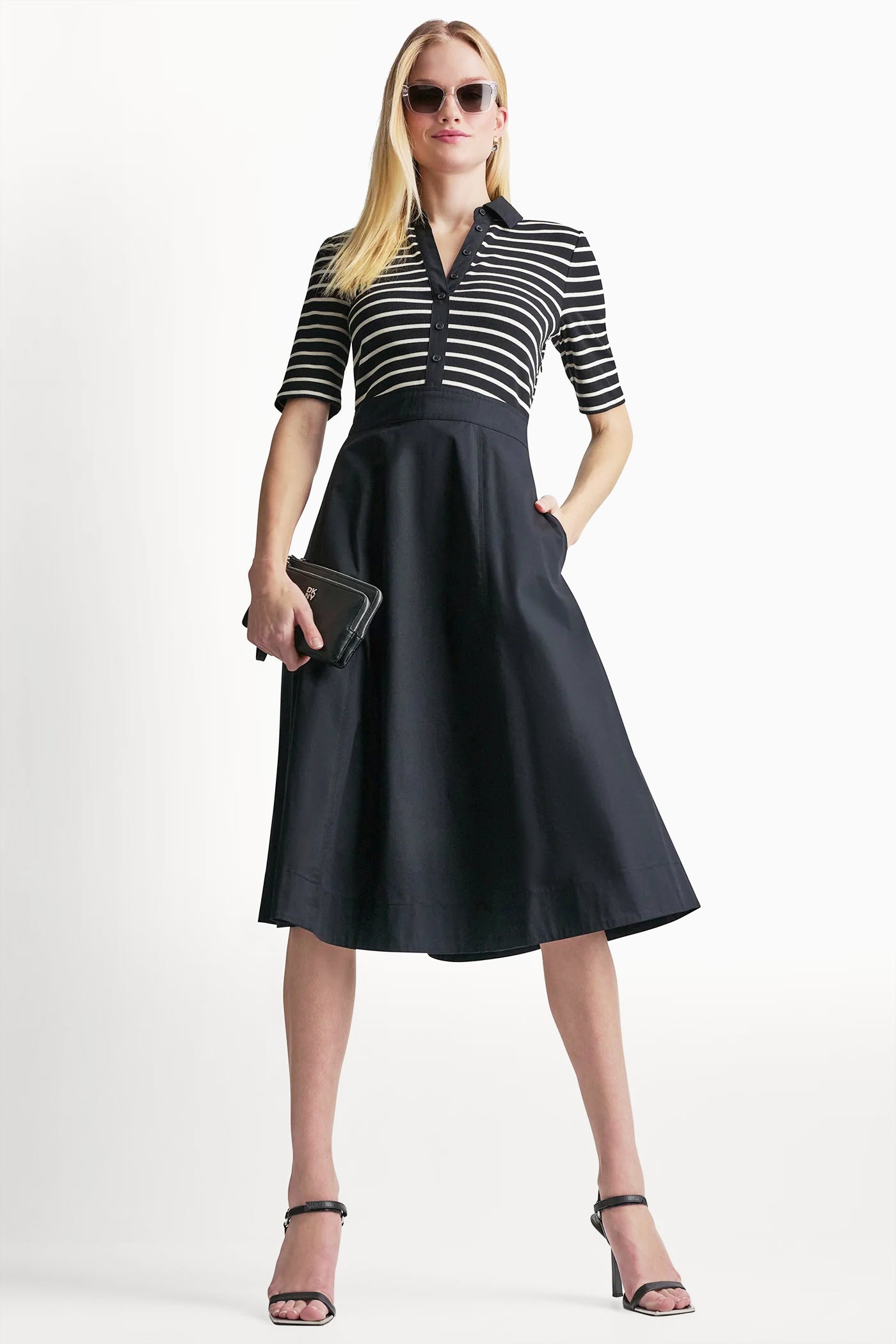 FIT & FLARE MIDI SHIRT DRESS - Black/Ivory - 1