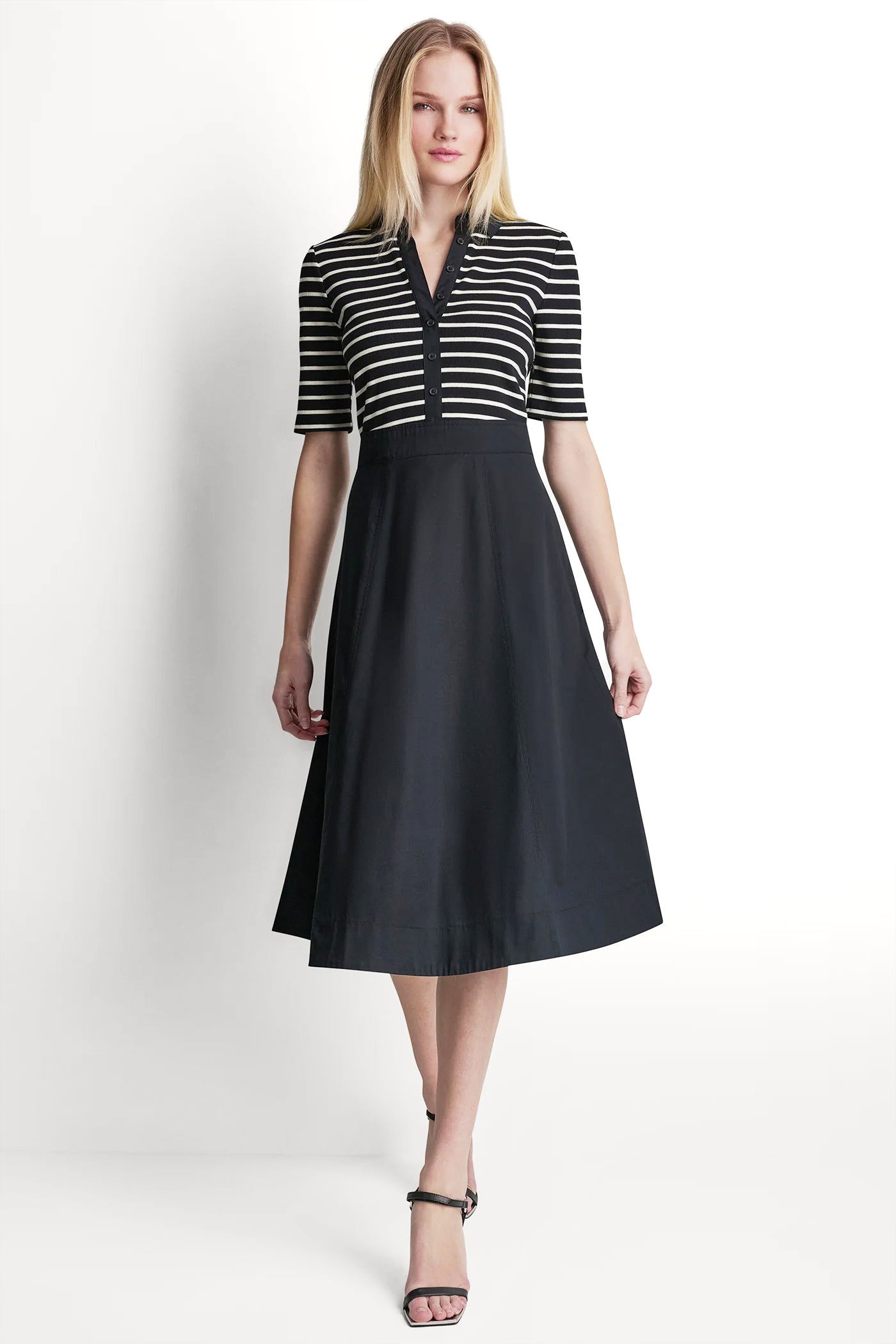 FIT & FLARE MIDI SHIRT DRESS - Black/Ivory - 5