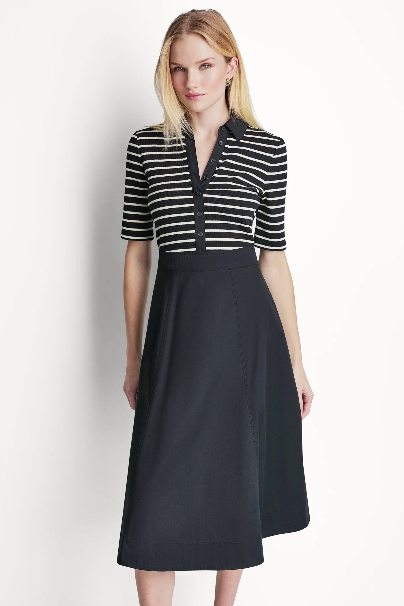 FIT & FLARE MIDI SHIRT DRESS - Black/Ivory - 2