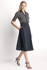 FIT & FLARE MIDI SHIRT DRESS - Black/Ivory - 4