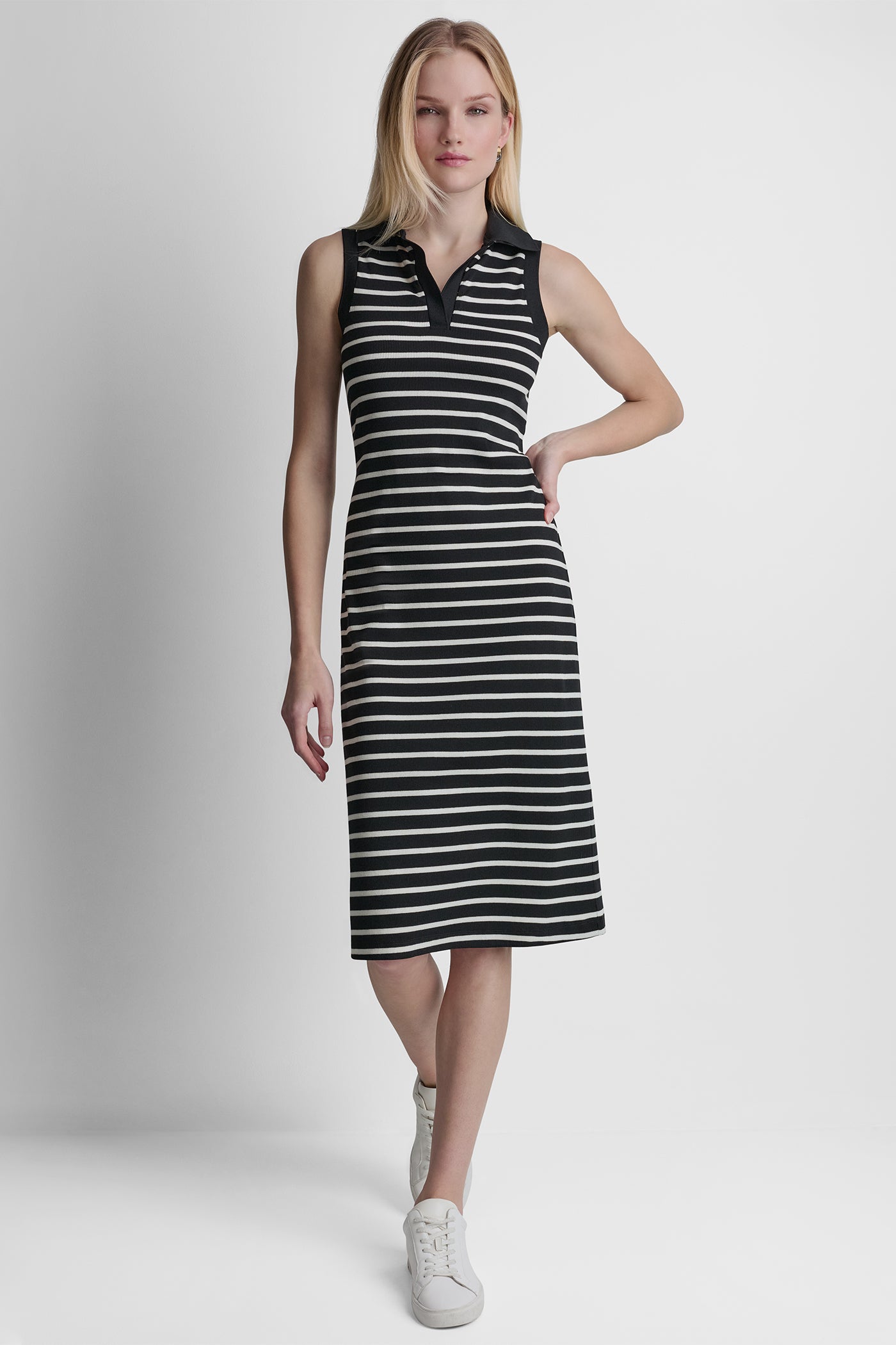 SLEEVELESS RIBBED POLO DRESS - Black/Ivory - 5