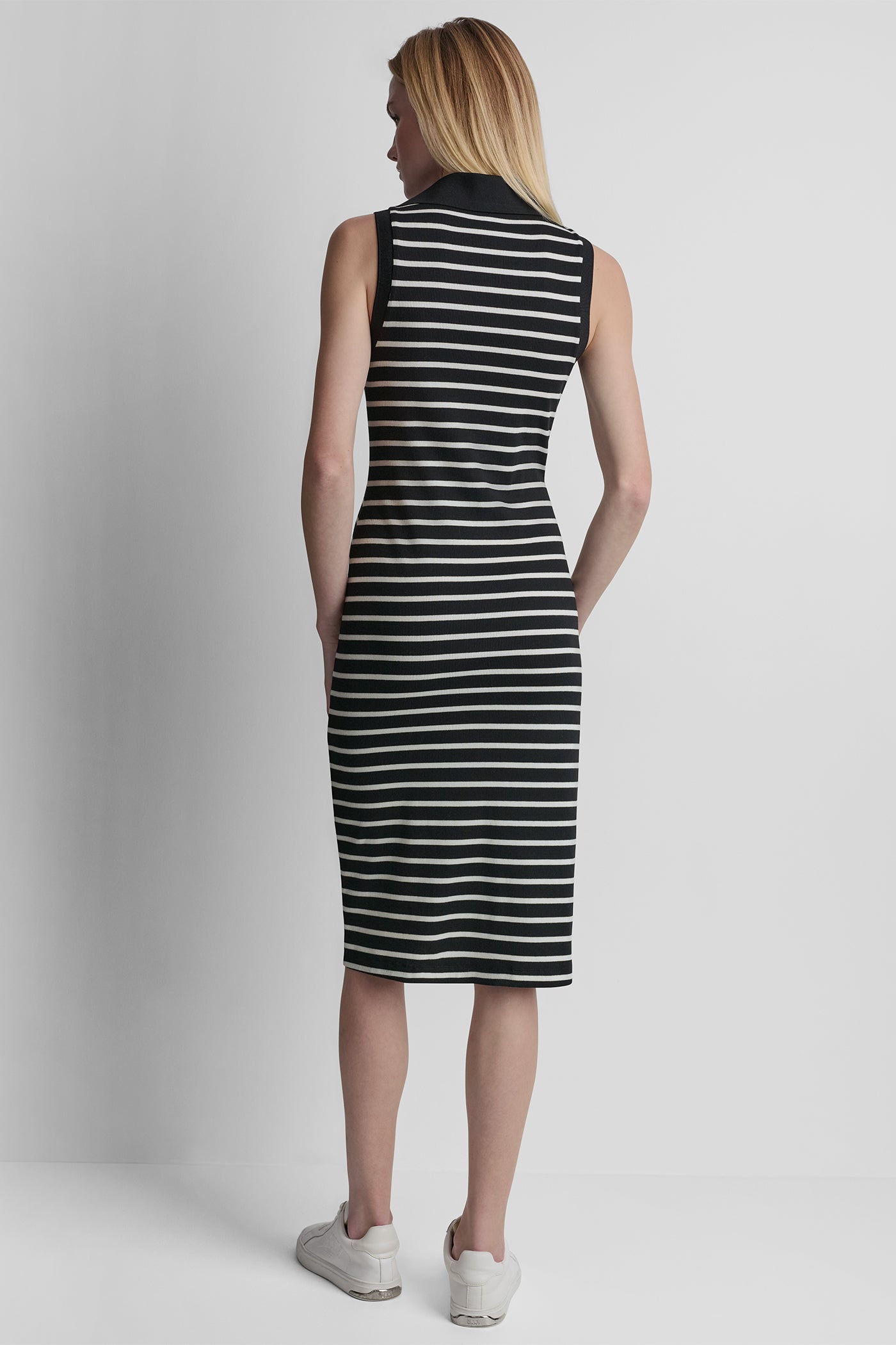SLEEVELESS RIBBED POLO DRESS - Black/Ivory - 3