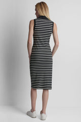 SLEEVELESS RIBBED POLO DRESS - Black/Ivory - 3