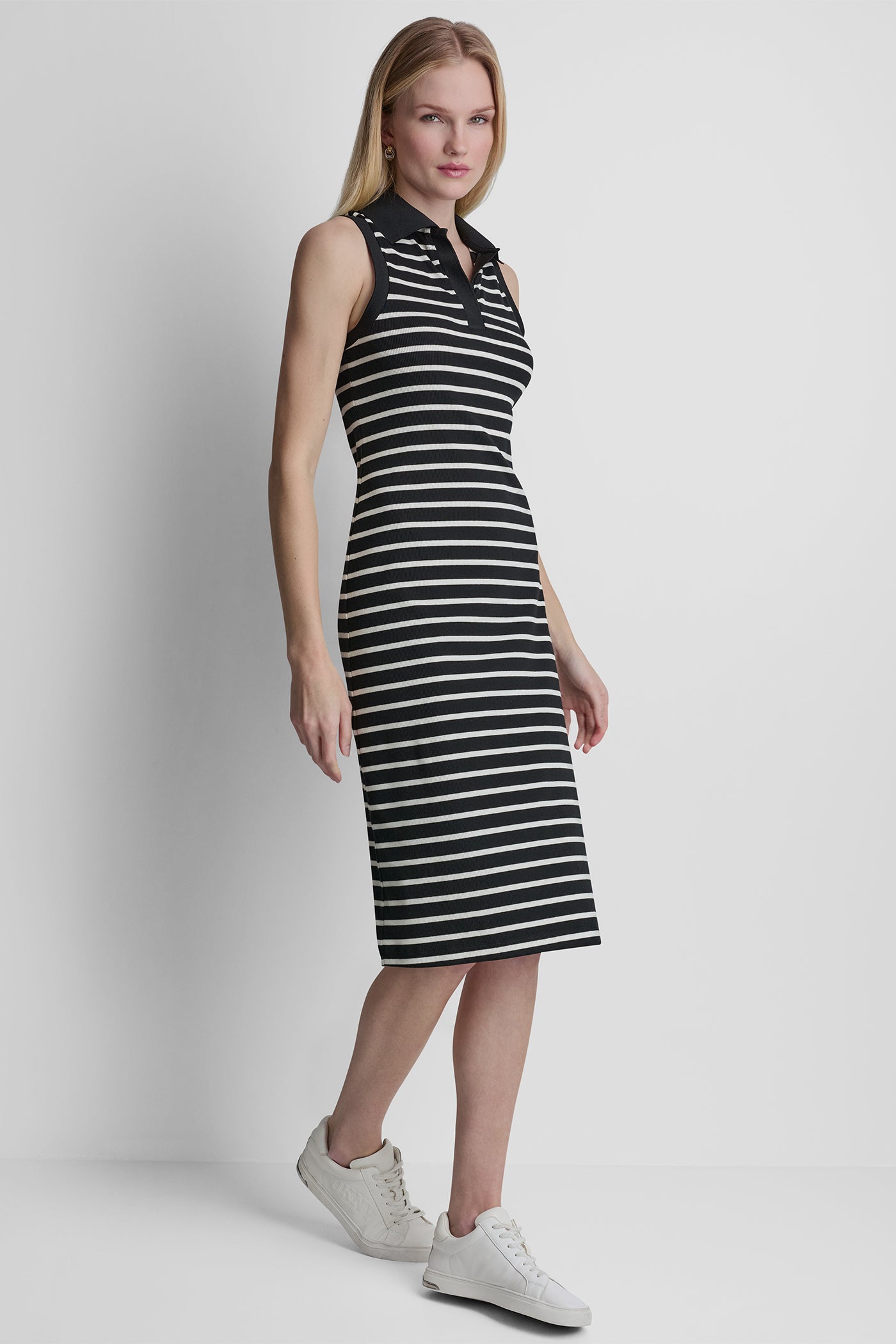 SLEEVELESS RIBBED POLO DRESS - Black/Ivory - 4