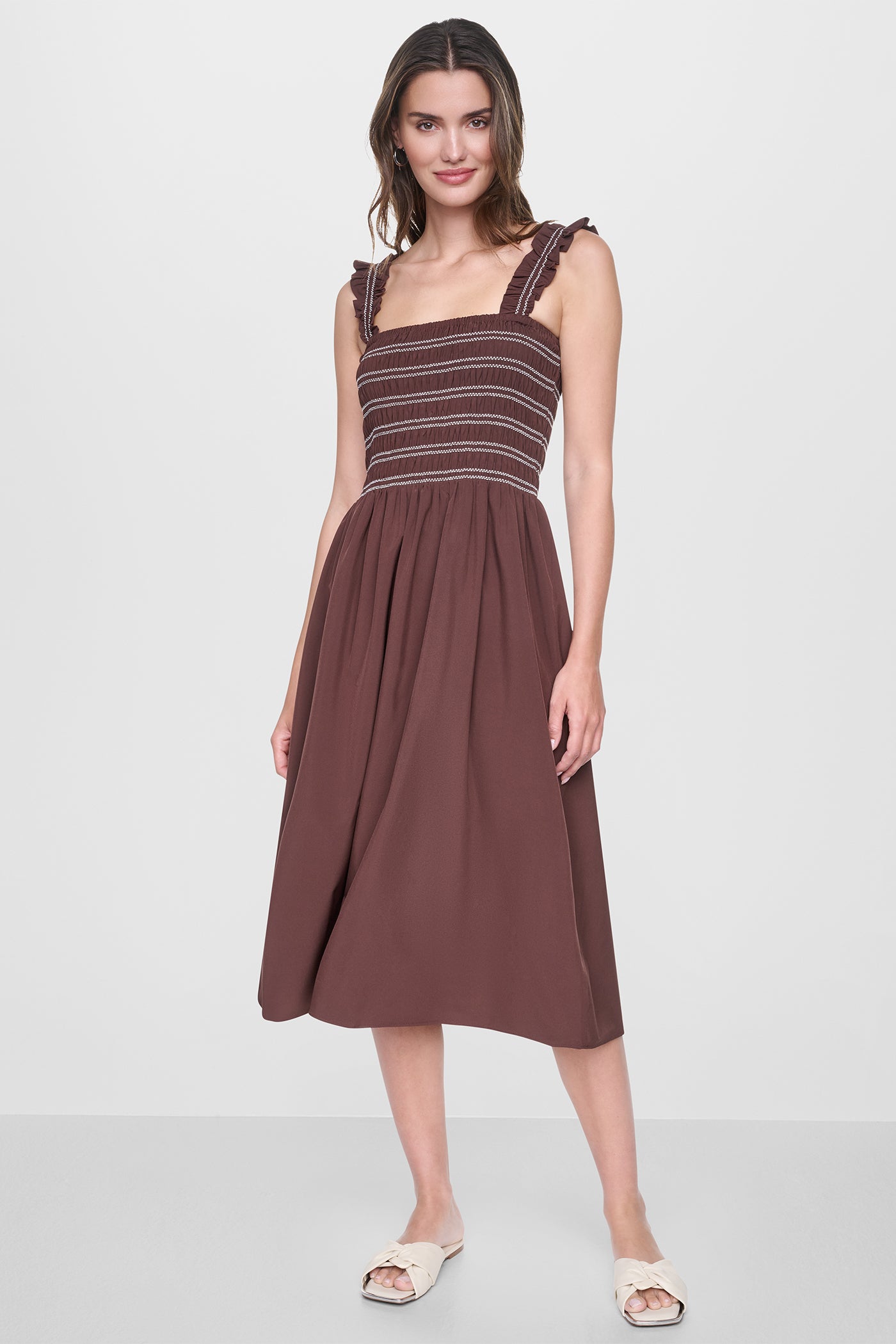 SLEEVELESS SMOCKED MIDI A-LINE DRESS - Java - 8
