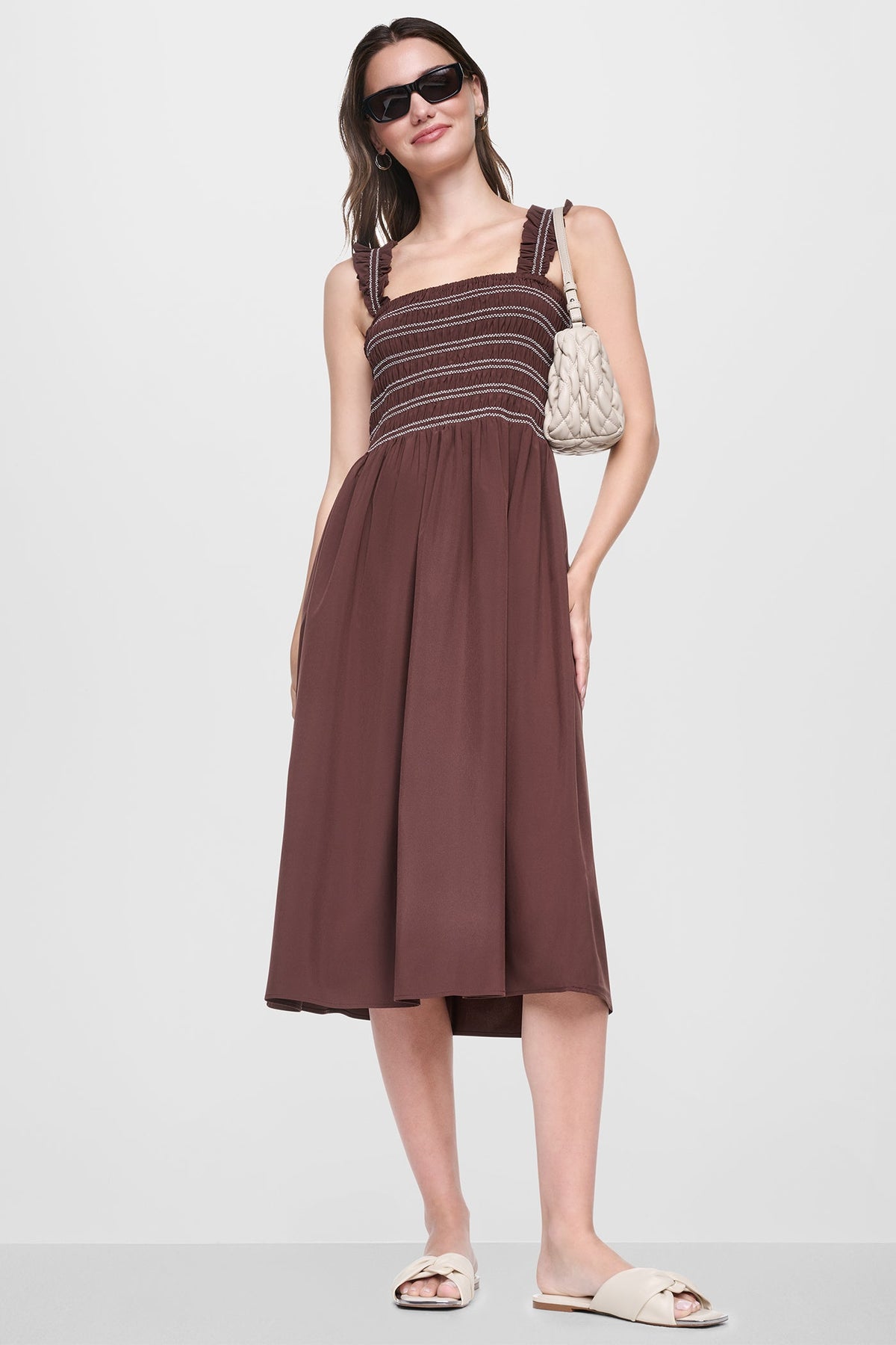 SLEEVELESS SMOCKED MIDI A-LINE DRESS - Java - 1