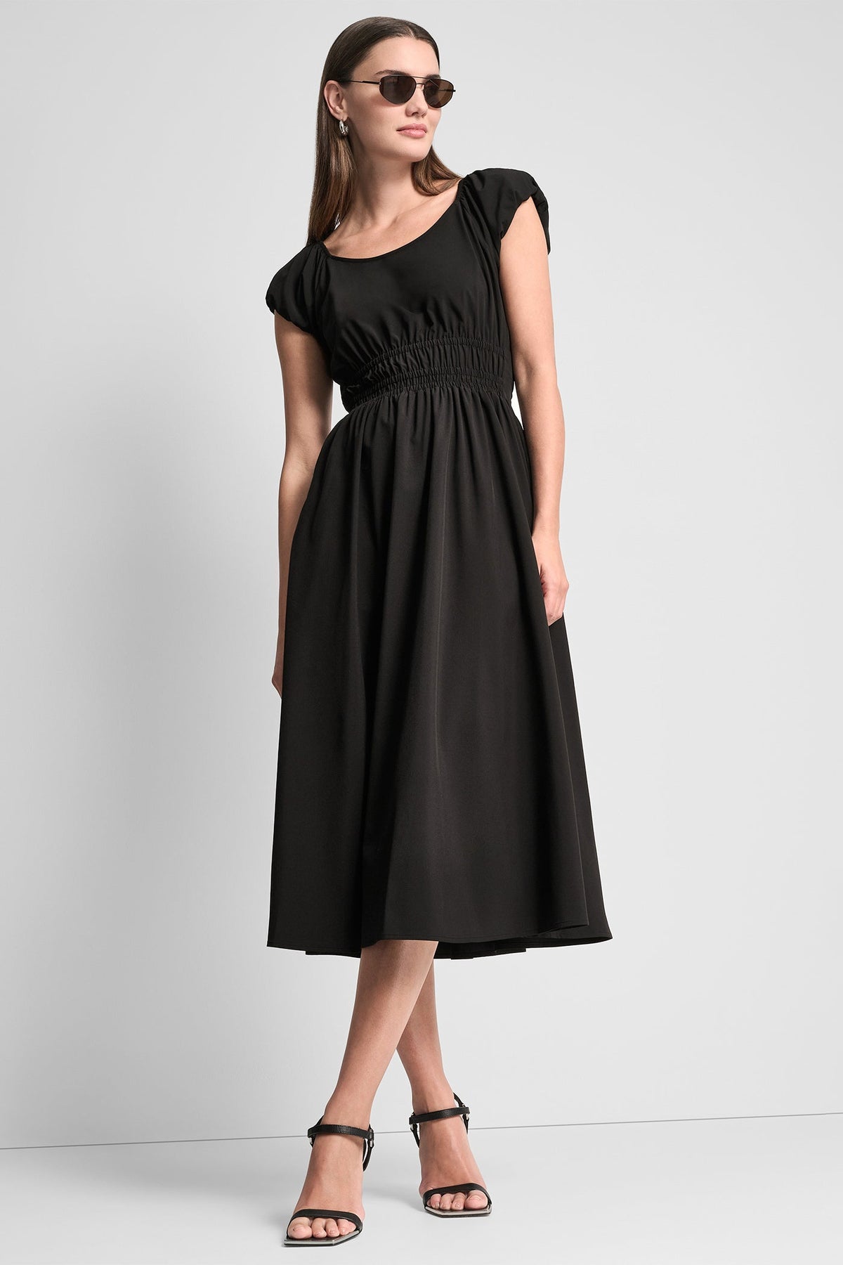 PUFF SLEEVE FIT & FLARE MIDI DRESS - Black - 1