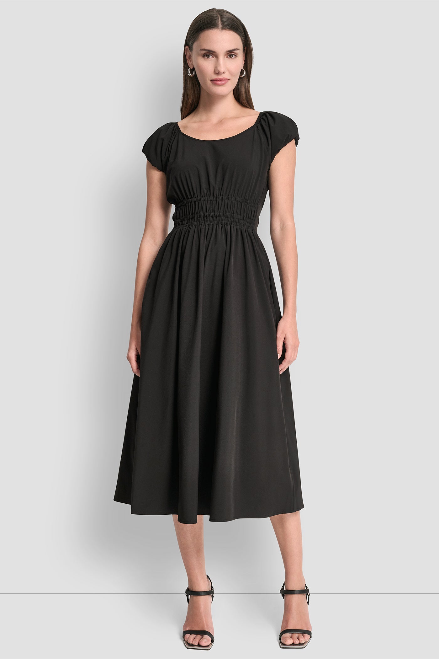 PUFF SLEEVE FIT & FLARE MIDI DRESS - Black - 5