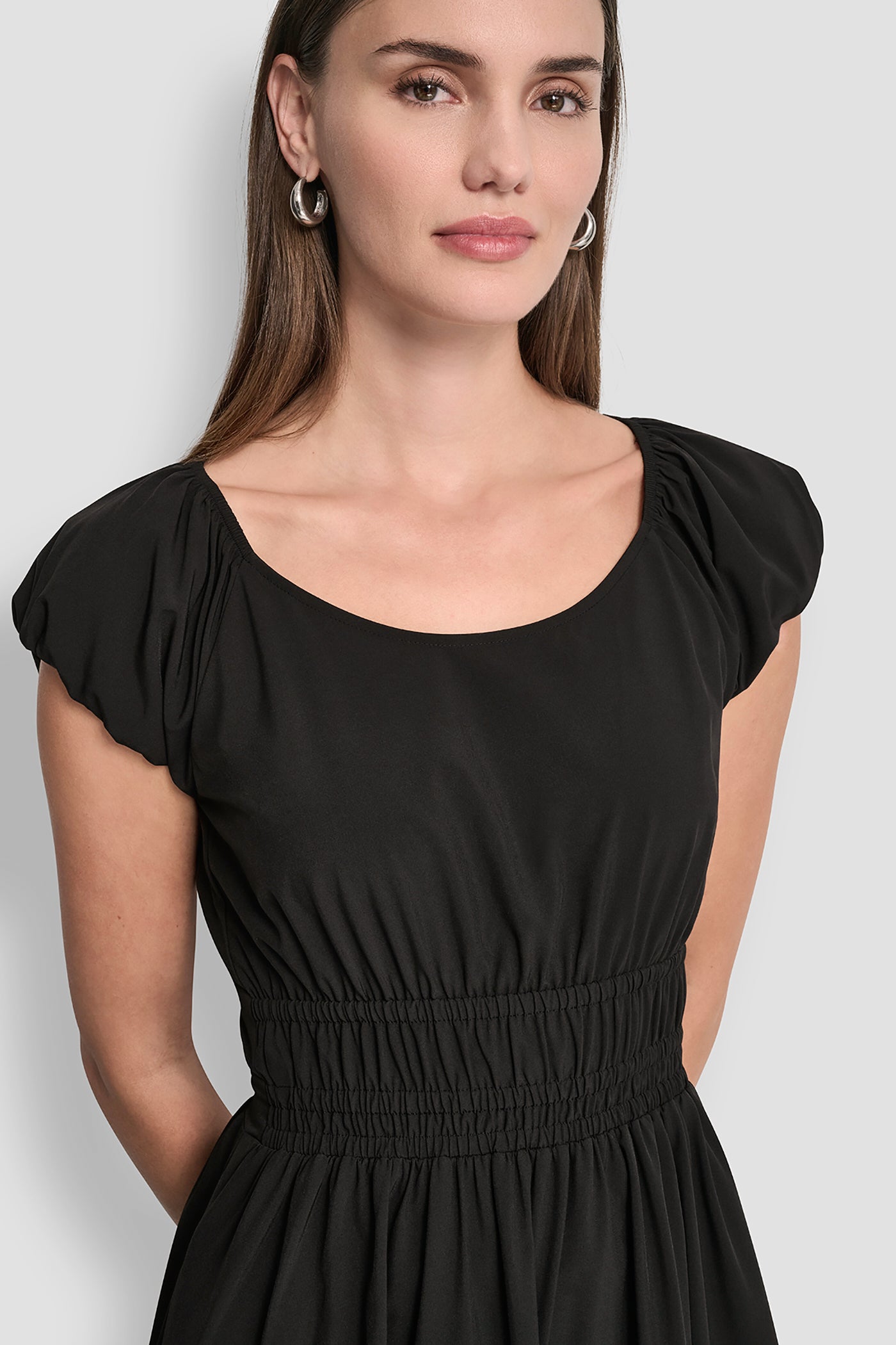 PUFF SLEEVE FIT & FLARE MIDI DRESS - Black - 6