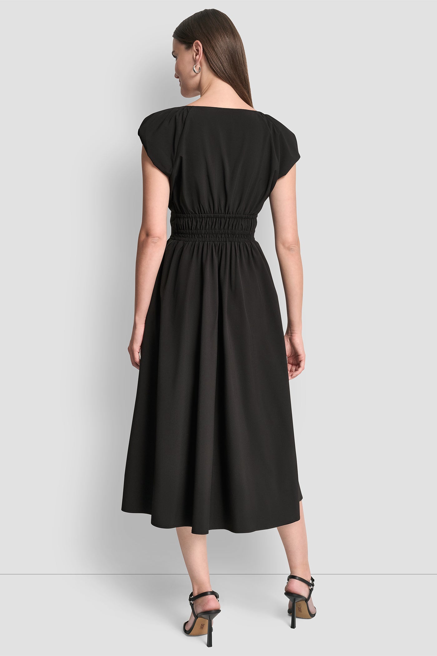 PUFF SLEEVE FIT & FLARE MIDI DRESS - Black - 3