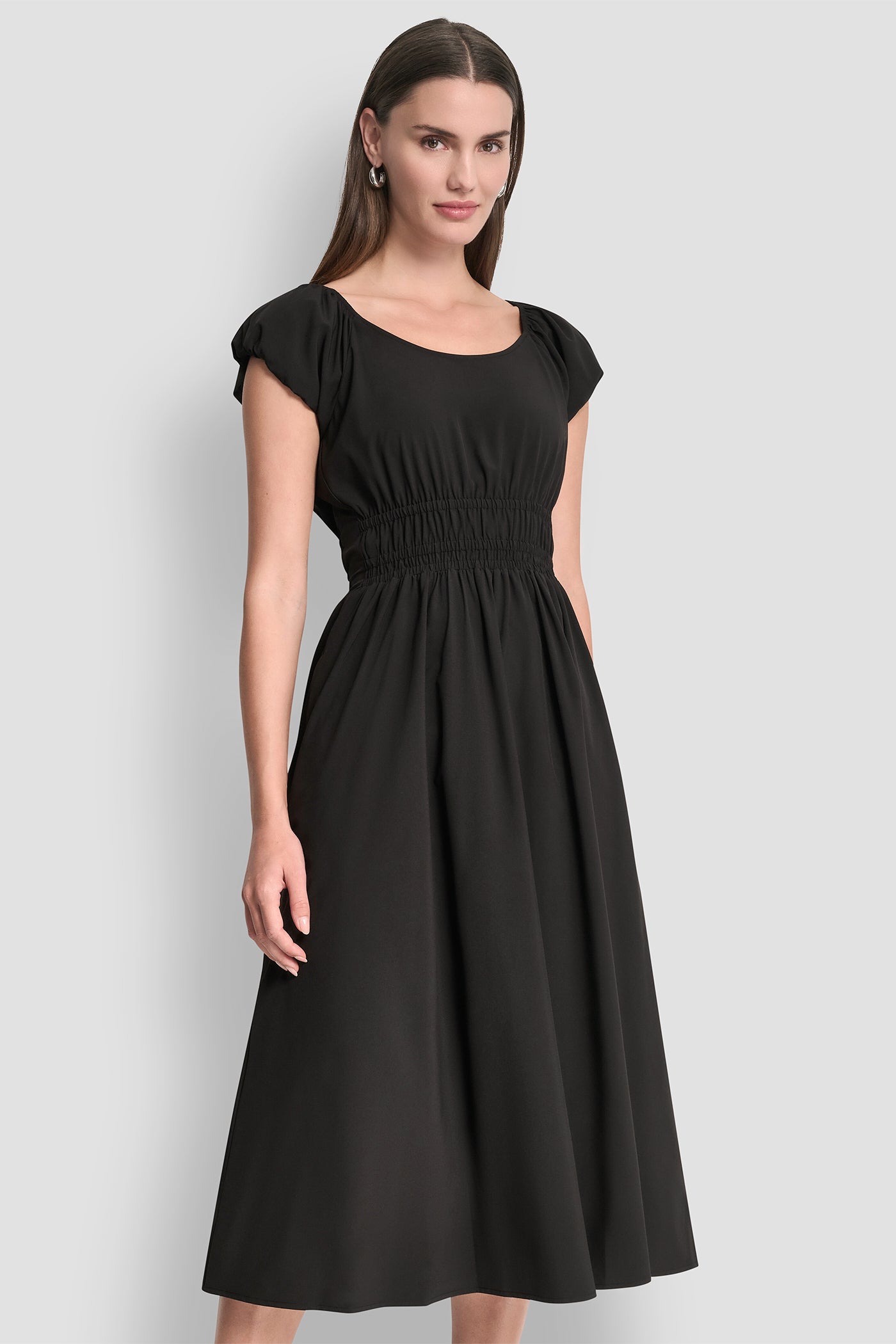 PUFF SLEEVE FIT & FLARE MIDI DRESS - Black - 2