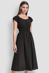 PUFF SLEEVE FIT & FLARE MIDI DRESS - Black - 2