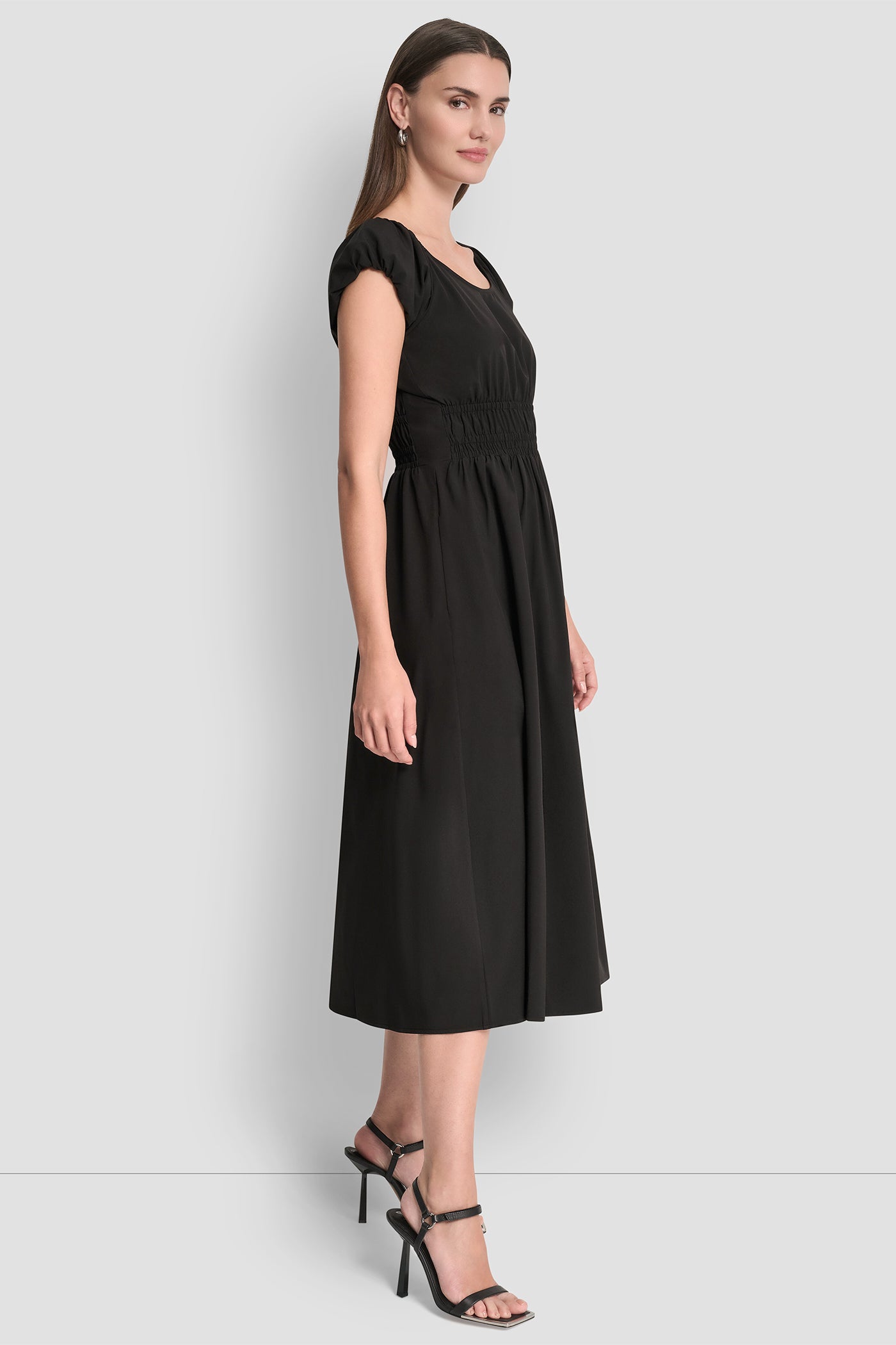 PUFF SLEEVE FIT & FLARE MIDI DRESS - Black - 4