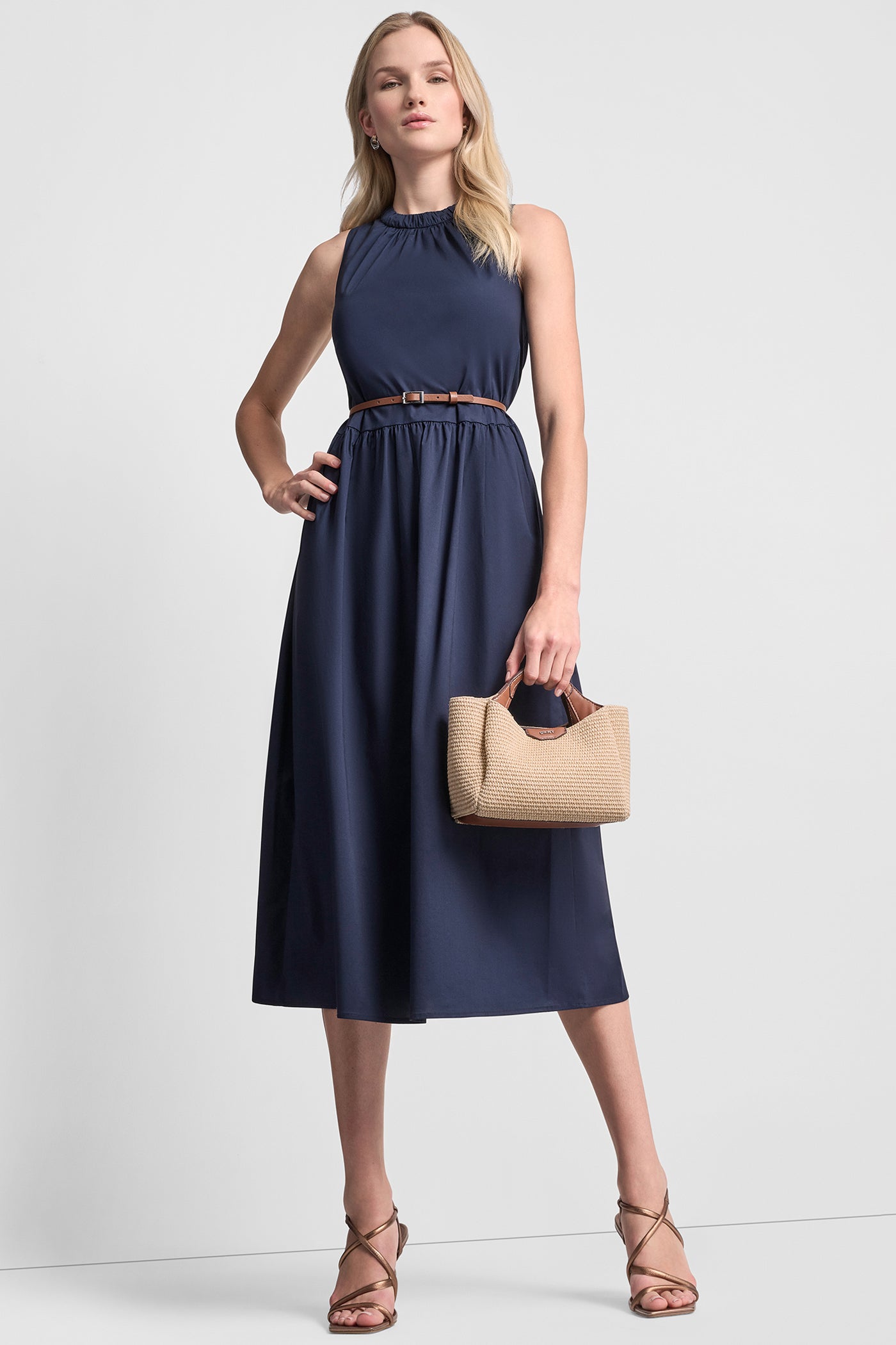 SLEEVELESS GATHERED MIDI A-LINE DRESS - Indigo - 5