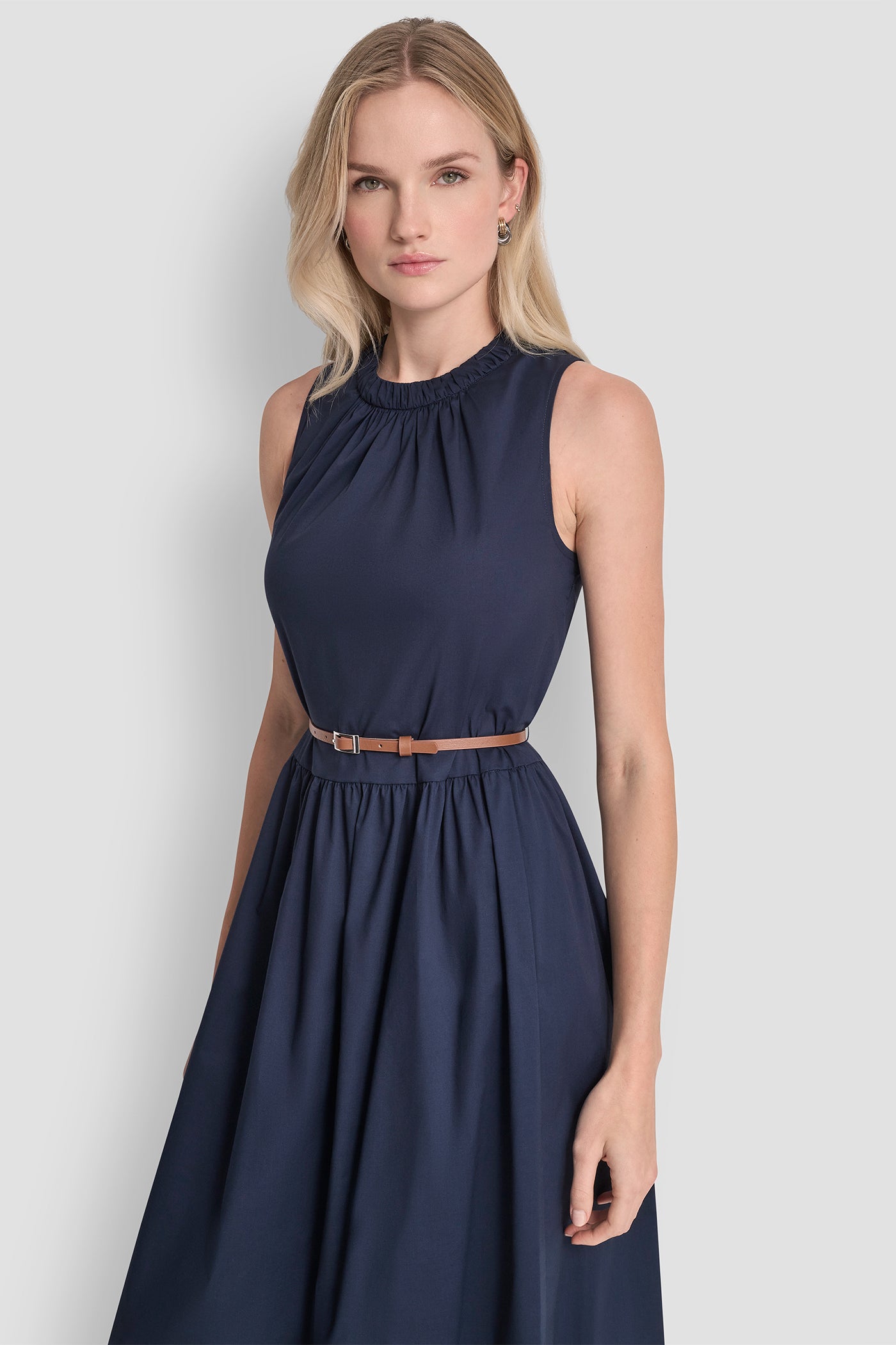 SLEEVELESS GATHERED MIDI A-LINE DRESS - Indigo - 2