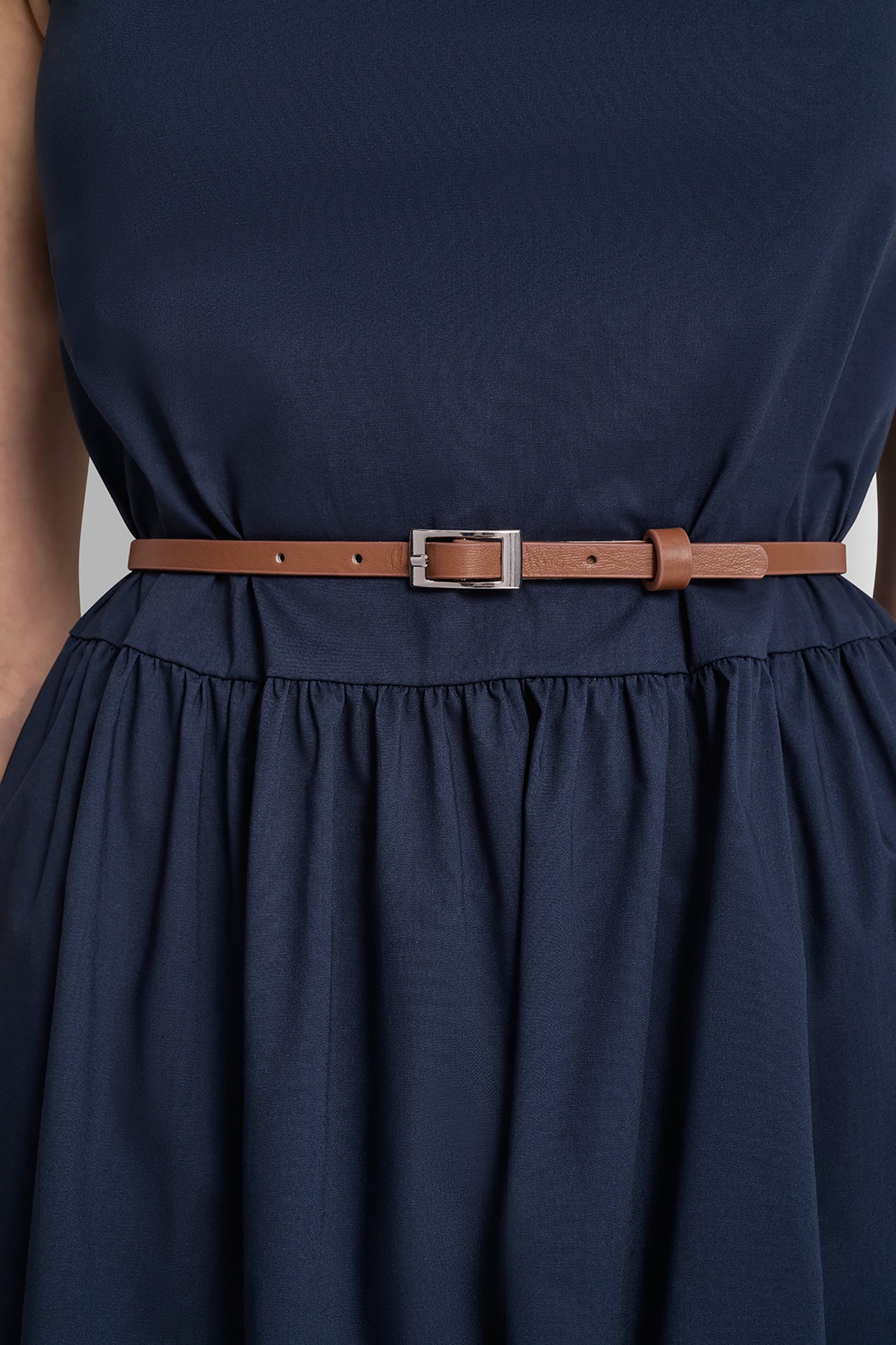 SLEEVELESS GATHERED MIDI A-LINE DRESS - Indigo - 4