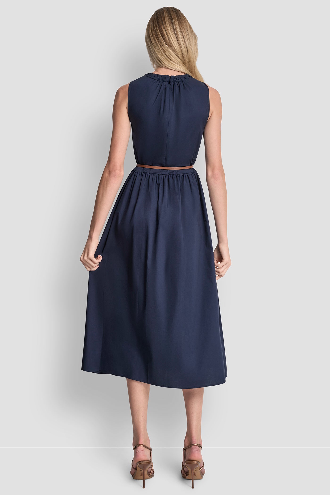 SLEEVELESS GATHERED MIDI A-LINE DRESS - Indigo - 3