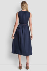 SLEEVELESS GATHERED MIDI A-LINE DRESS - Indigo - 3