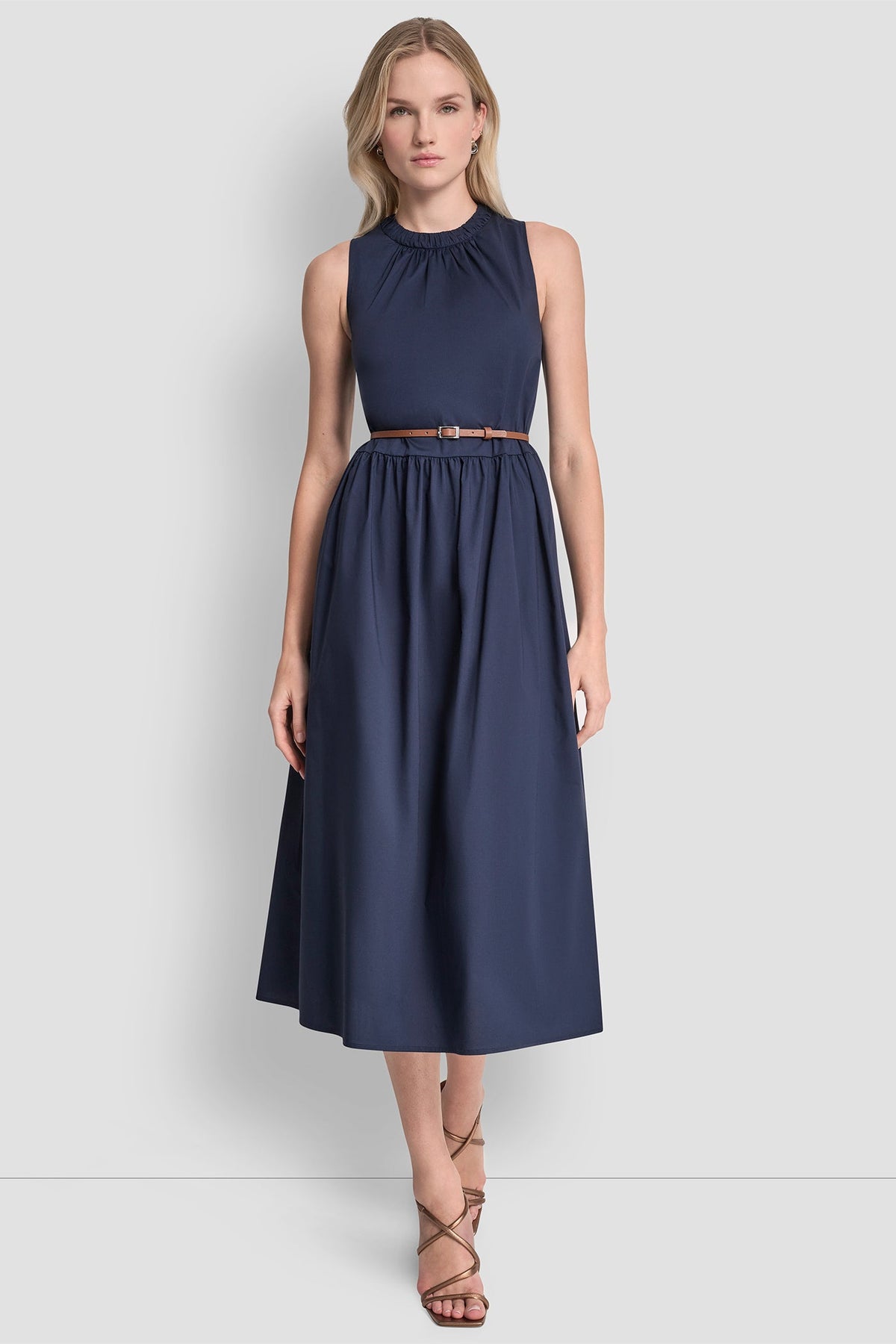 SLEEVELESS GATHERED MIDI A-LINE DRESS - Indigo - 1