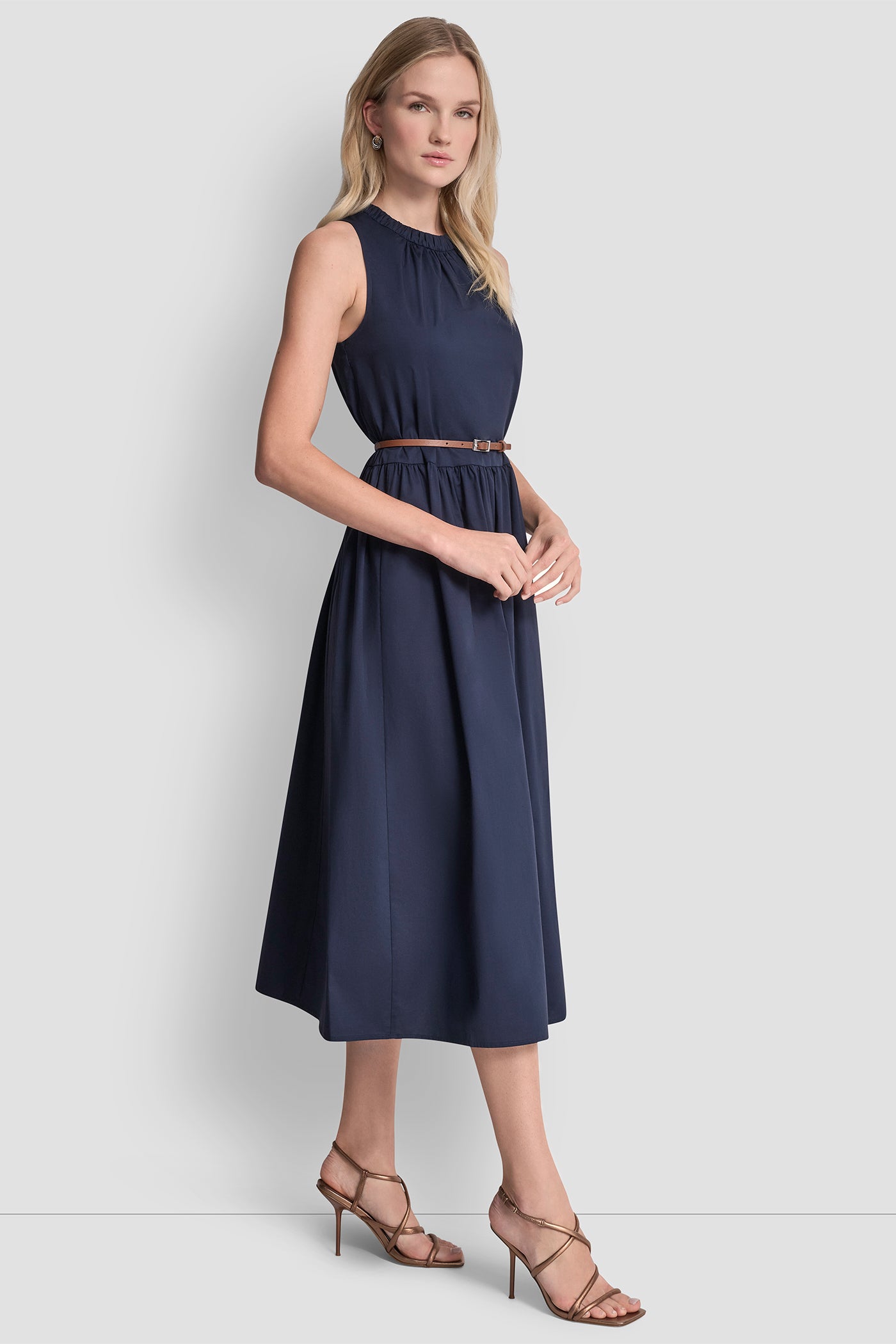 SLEEVELESS GATHERED MIDI A-LINE DRESS - Indigo - 6