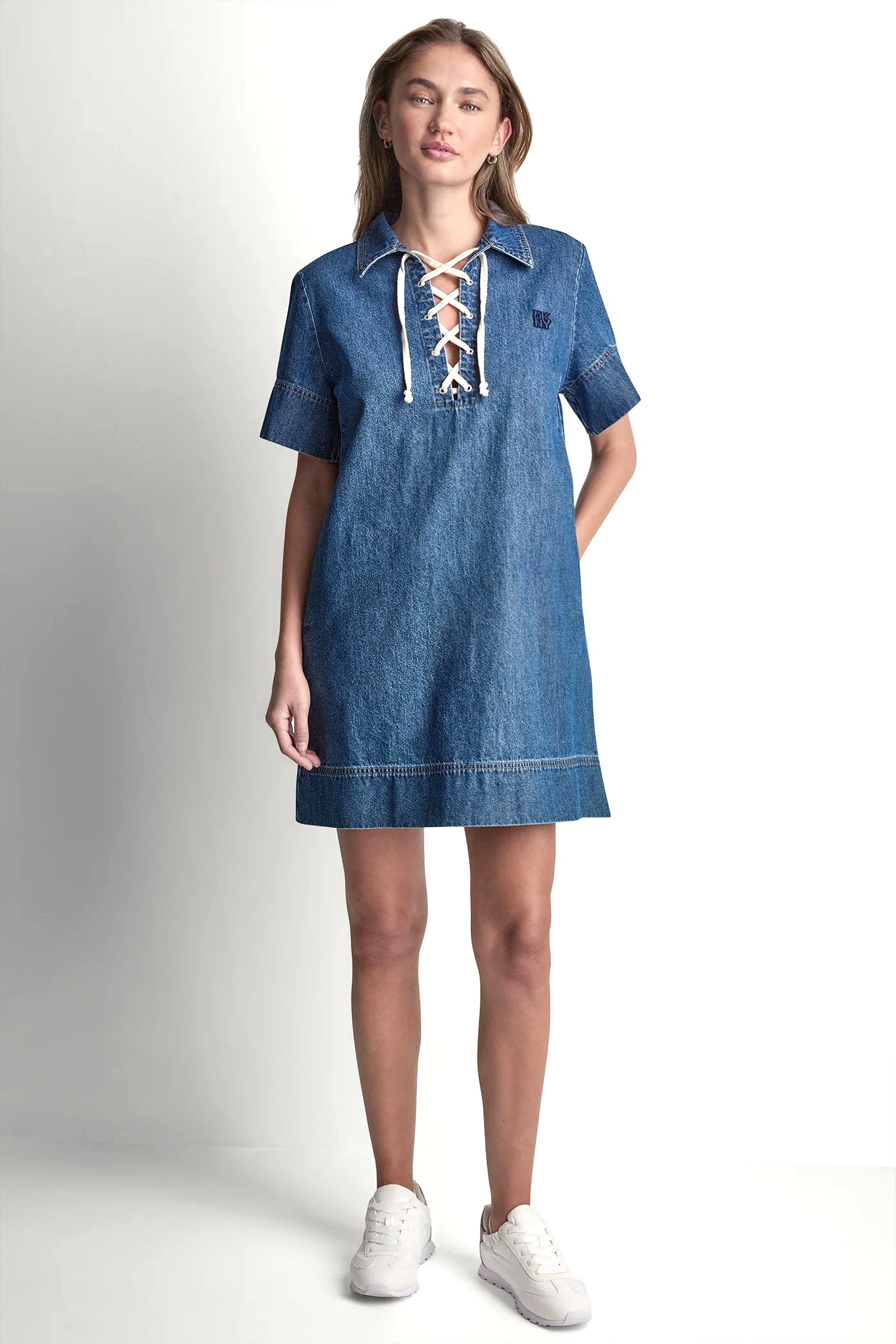 LACE UP DENIM SHIFT DRESS - Rustic Indigo - 5