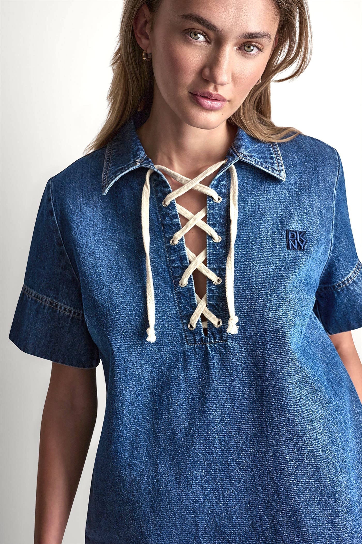 LACE UP DENIM SHIFT DRESS - Rustic Indigo - 2