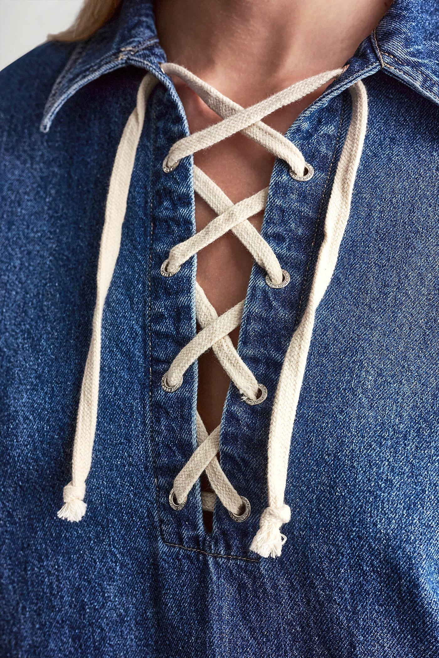 LACE UP DENIM SHIFT DRESS - Rustic Indigo - 7